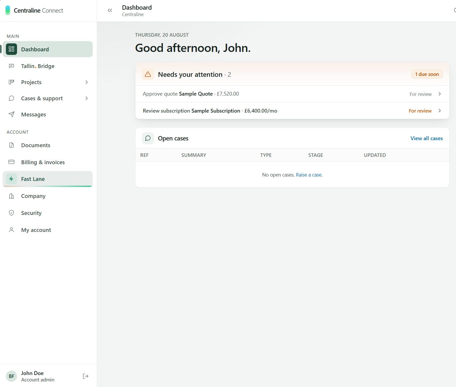 The Centraline Connect dashboard: sidebar navigation, a needs-your-attention list and open support cases